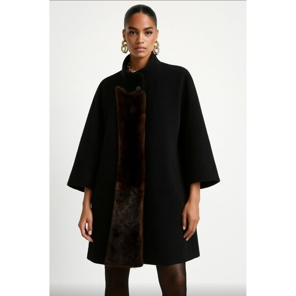 Hilary Radley Black Women's Alpaca Coat Superfine Black Overcoat mink fur Size 4 - Picture 1 of 16